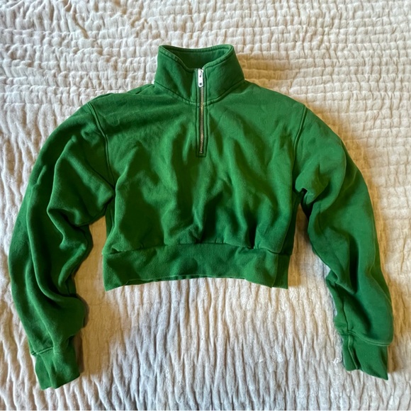 TNA Aritzia Cozy Fleece Money Green 1/4 Quarter Zip Cropped Sweatshirt Vintage S - Picture 2 of 14